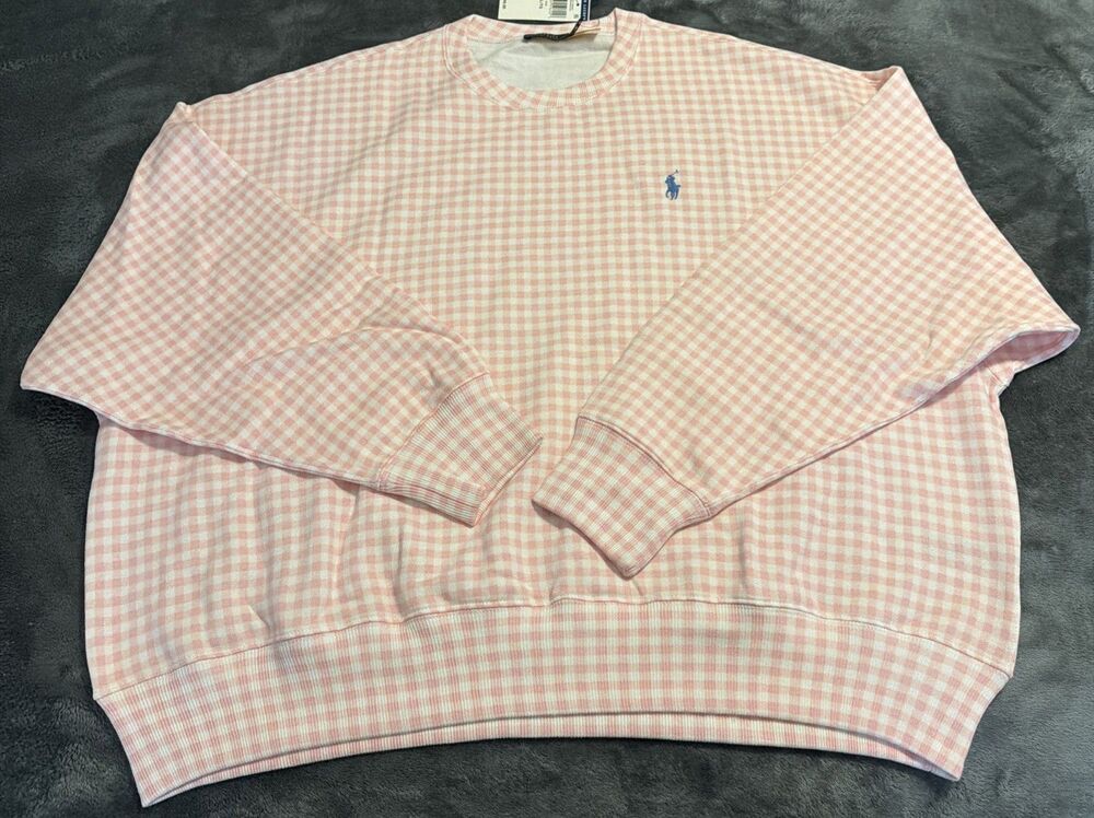LARGE Polo Ralph Lauren Gingham Fleece Sweatshirt Pink White - Picture 8 of 13